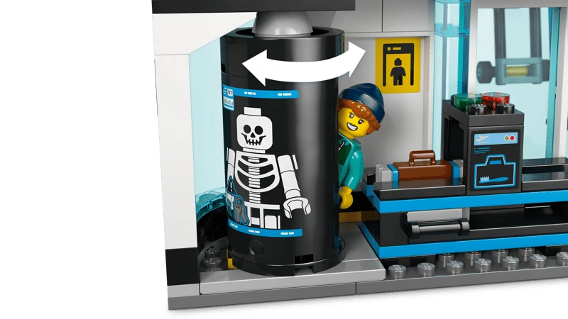 LEGO City airport security scanner with skeleton detail, suitcase on conveyor belt and minifigure beside it