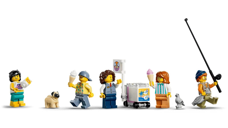 LEGO City minifigures with pug dog, ice cream stand, food accessories, surfboard and fishing rod