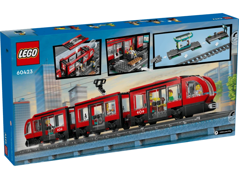 LEGO City Downtown Streetcar and Station box back showing tram, platform and removable section panels