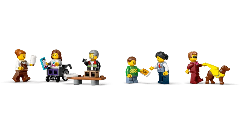 Six LEGO City minifigures with wheelchair, guide dog figure, bench, coffee cup, phone, newspaper and ticket accessories