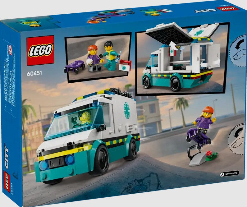 Back of LEGO Emergency Ambulance 60451 box with skate ramp scene – Ireland
