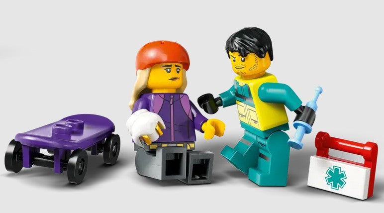 Close-up of LEGO Emergency Ambulance minifigures and accessories – Ireland