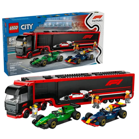 LEGO City F1 Truck set with box, trailer, RB20 and AMR24 race cars, and five minifigures on white background