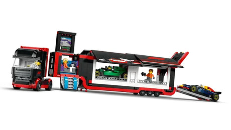 LEGO City F1 Truck showing open trailer with simulator room and cars loading ramp on white background