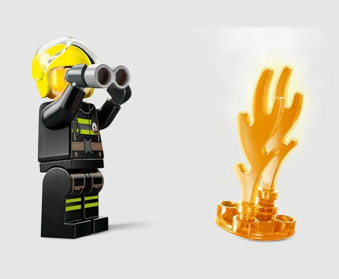 LEGO firefighter minifigure with helmet and binoculars near flames – Ireland