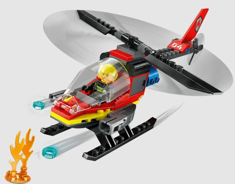 LEGO 60411 helicopter in action with rotating blades and flame element in Ireland