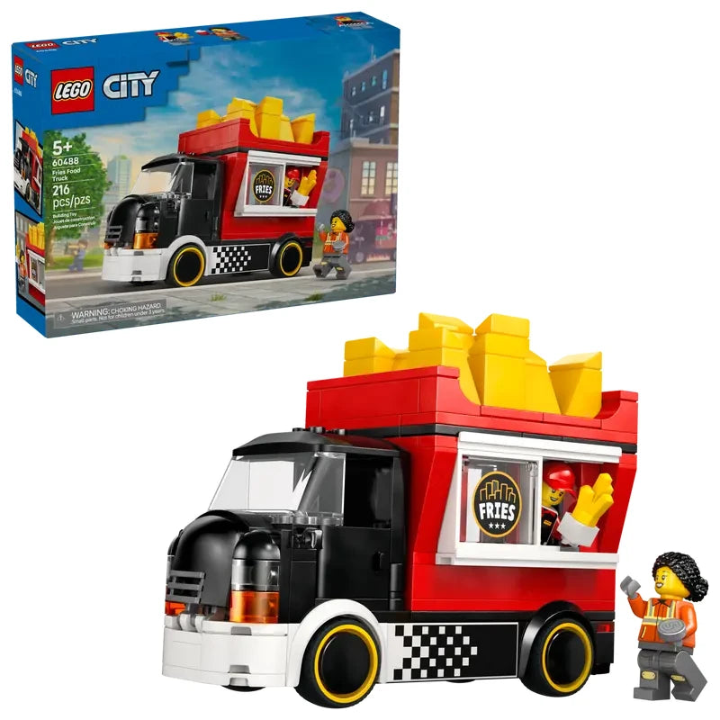 LEGO City Fries Food Truck 60488 retail box shown next to the assembled fries food truck model with two LEGO City minifigures