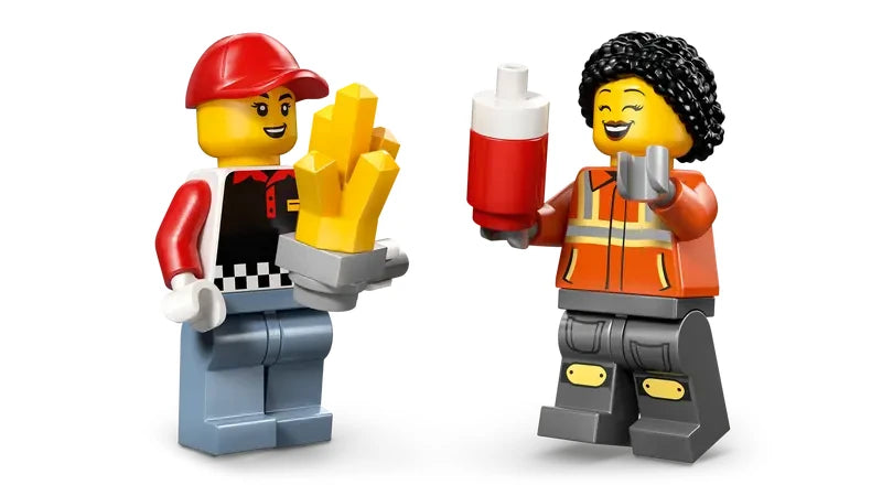 Two LEGO City minifigures shown holding a grey tray with fries pieces, a red bottle and a grey cup