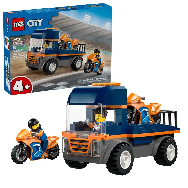 LEGO City Motorcycle Transporter flatbed truck with two orange motorcycles and one rider minifigure shown on one of the bikes beside the vehicle