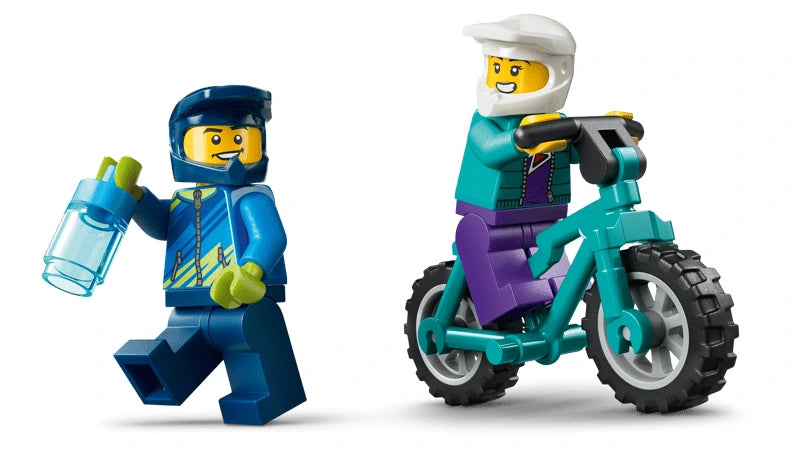 LEGO rider minifigure with water bottle beside a mountain bike