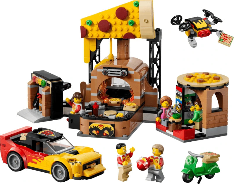 LEGO City pizzeria set with sports car, scooter, delivery drone, pizza stand, minifigures and food accessories