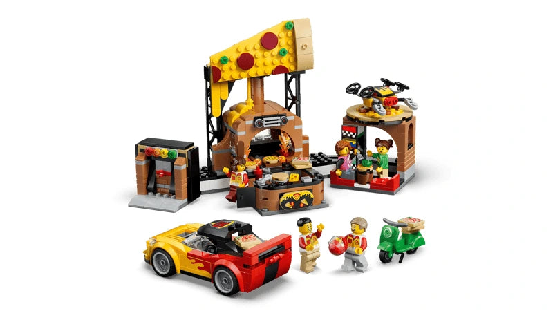 LEGO City pizzeria scene with sports car, scooter, delivery drone, pizza stand, minifigures and food accessories
