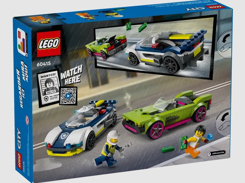 Back of LEGO City 60415 Police Car and Muscle Car Chase box with features Ireland