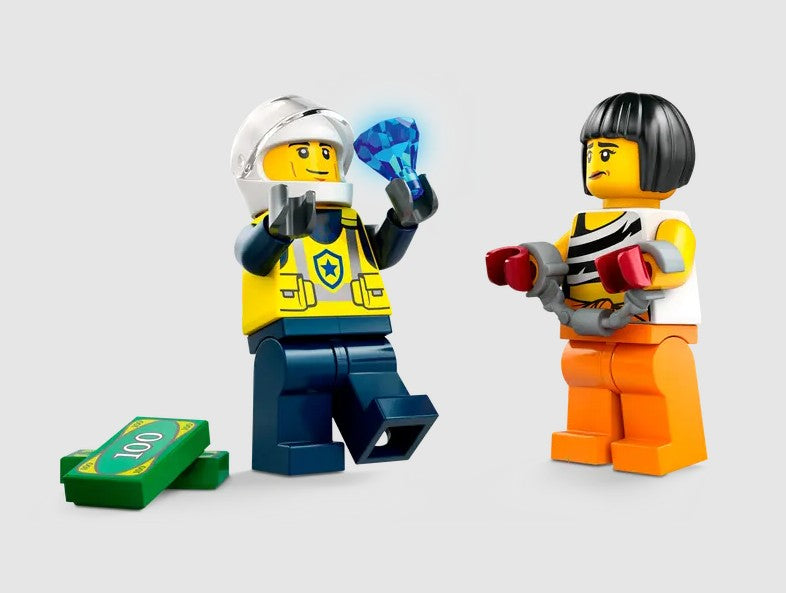 Close-up of LEGO City police officer and thief minifigures from set 60415 Ireland