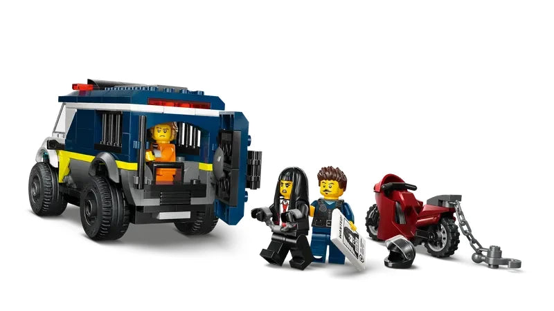Rear view of the LEGO City police transport van with open jail cell, shown with a motorcycle and three minifigures standing nearby