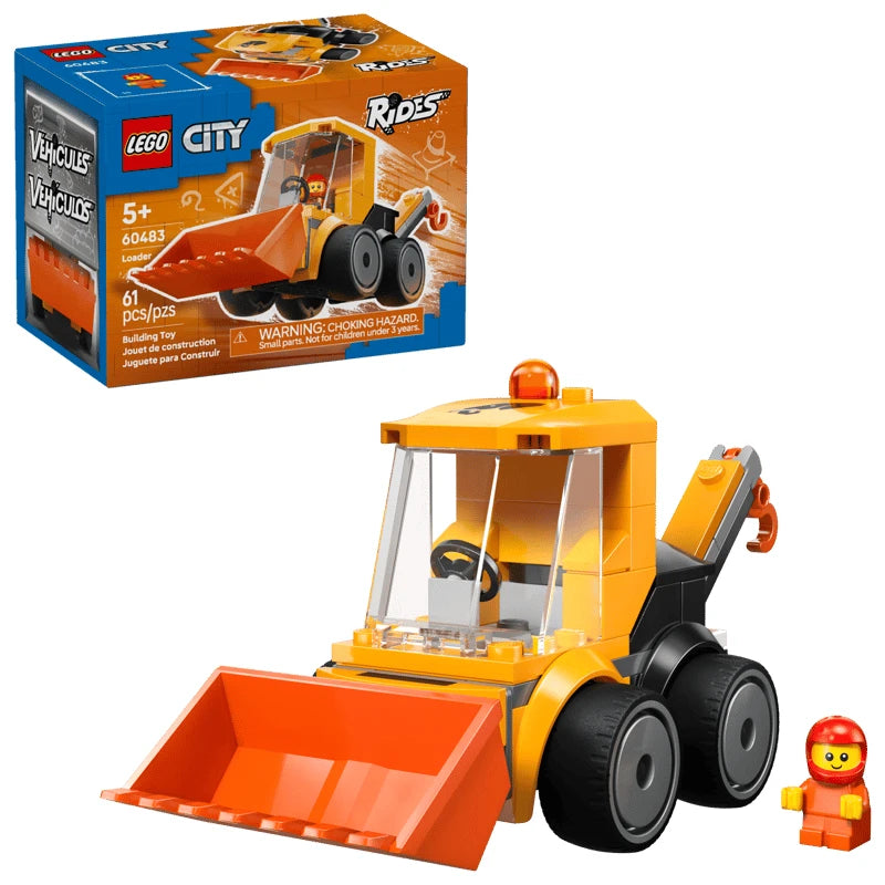 LEGO City Rides construction loader shown beside the LEGO City retail box, with a small orange minifigure placed next to the vehicle
