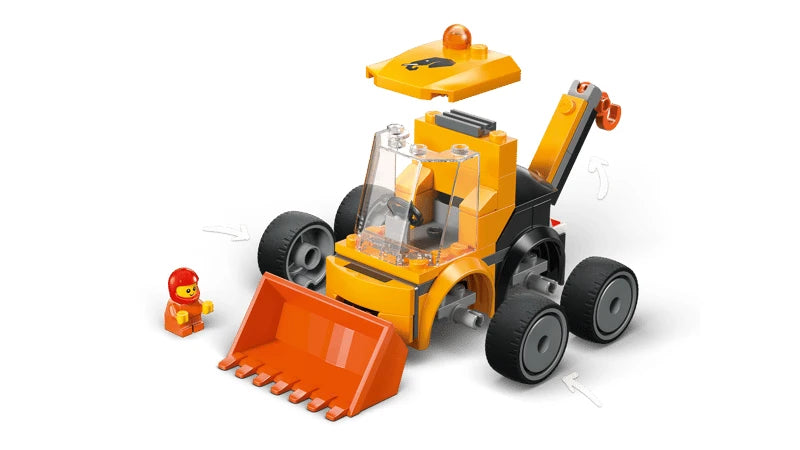 LEGO City Rides construction loader shown with a separate roof piece positioned above the vehicle, with the front bucket and rear arm visible beside orange minifigure.