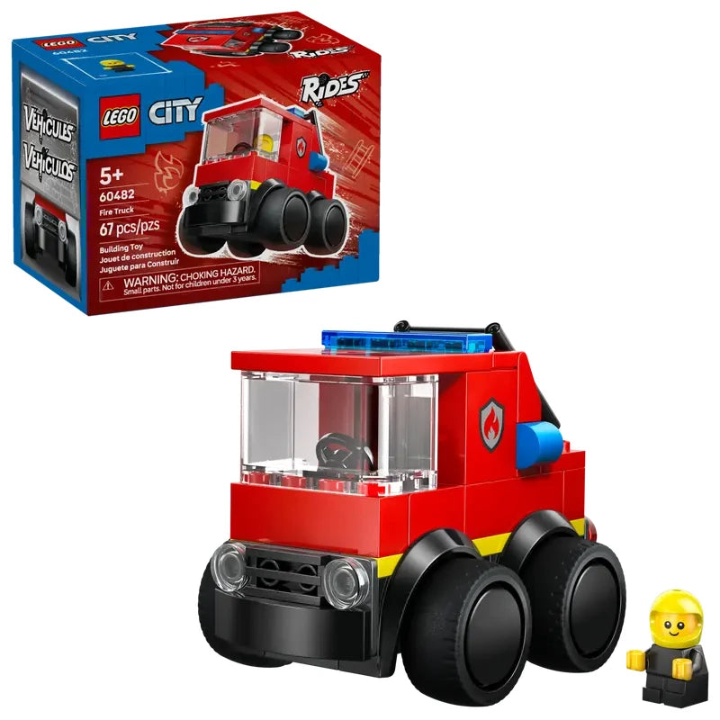 LEGO City Rides red fire truck model shown beside the LEGO City retail box, with a small yellow minifigure placed next to the vehicle