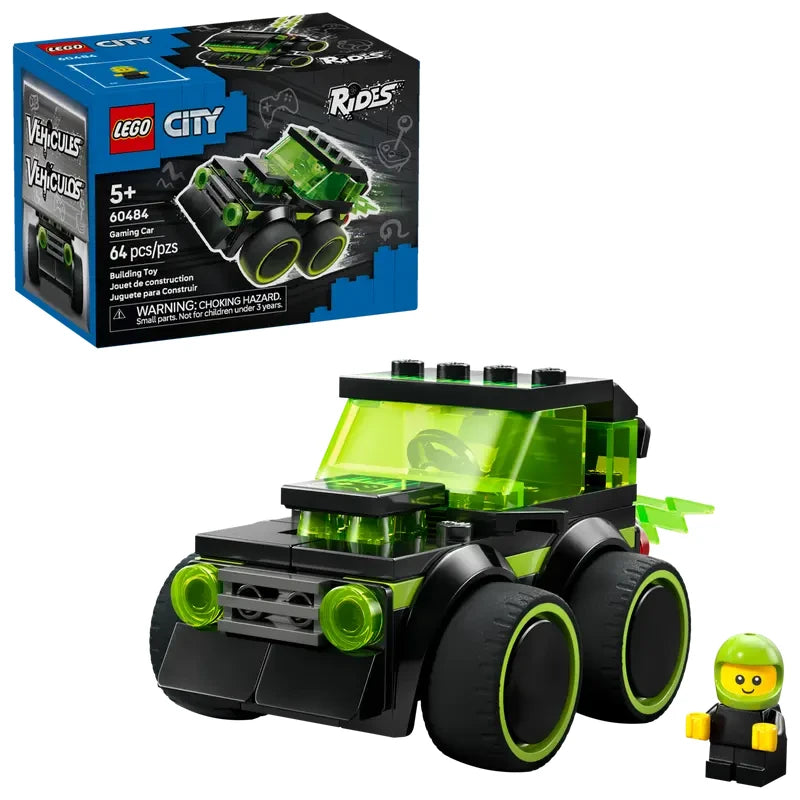 LEGO City Rides black and green vehicle shown beside the LEGO City retail box, with a small green minifigure standing next to the vehicle