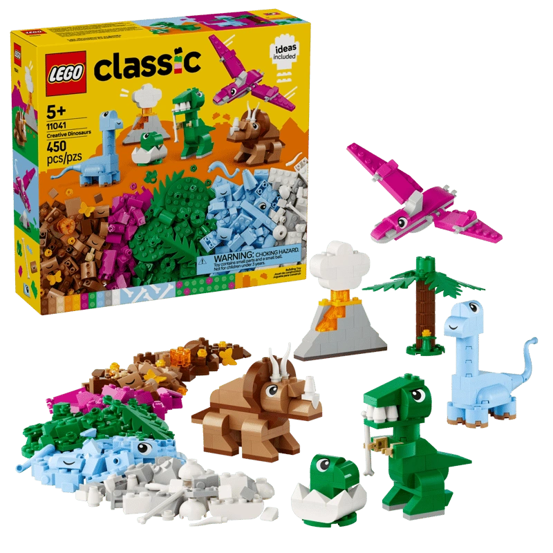 LEGO Classic Creative Dinosaurs 11041 retail box showing 450 pieces alongside completed dinosaur models, volcano, palm tree and colourful bricks