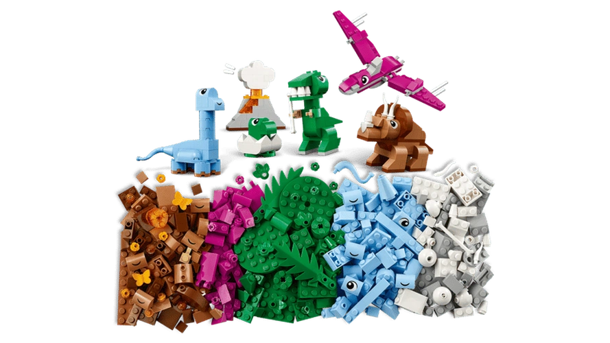 LEGO Classic Creative Dinosaurs 11041 dinosaur models displayed above piles of brown, pink, green, blue and white building bricks