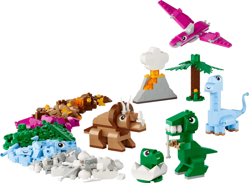 LEGO Classic Creative Dinosaurs 11041 with colourful T. rex, Triceratops, long-neck dinosaur, flying dinosaur, volcano, palm tree and building bricks