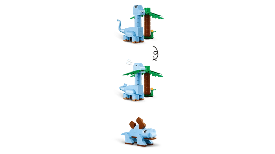 LEGO Classic Creative Dinosaurs rebuilding sequence showing a blue long-neck dinosaur beside a palm tree changing into a small blue horned dinosaur