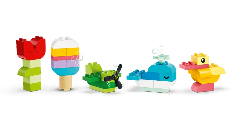 LEGO DUPLO builds showing a flower, ice lolly, snail, whale and duck