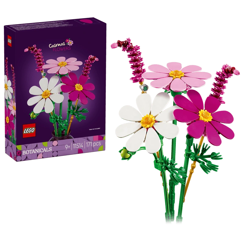 LEGO Cosmos Flowers 11514 box with white, pink and purple flower stem display