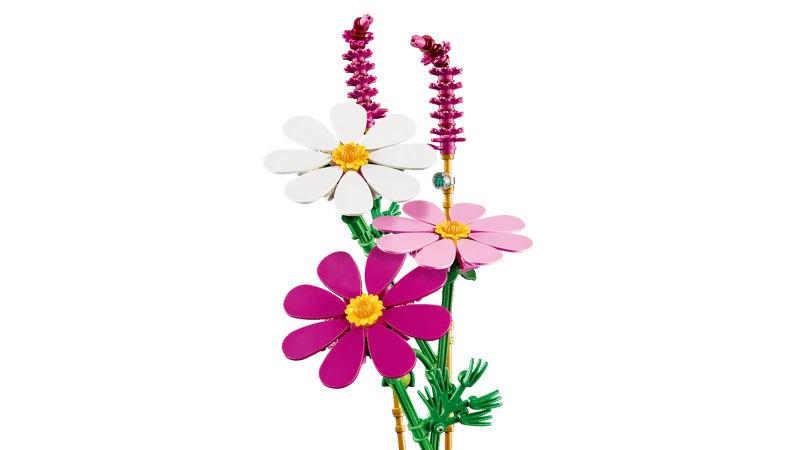 LEGO Cosmos Flowers display with staggered white, pink and purple flower stems