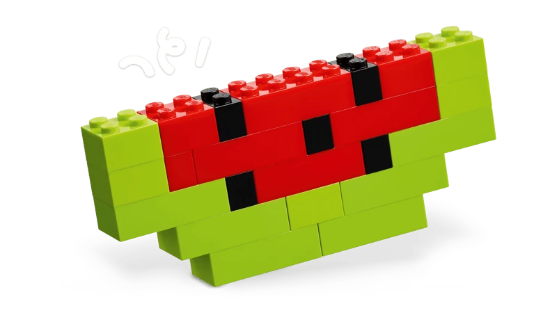 LEGO brick watermelon build with green, red and black pieces