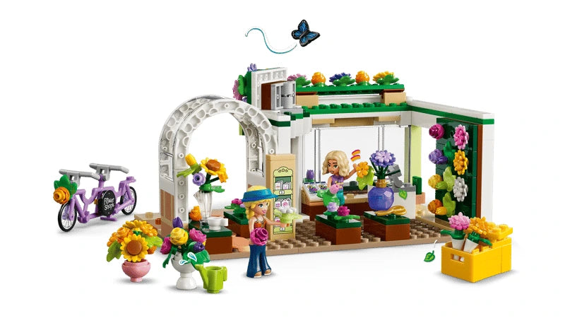LEGO Friends flower shop build with tandem bike, mini-dolls, flower displays and shop sign