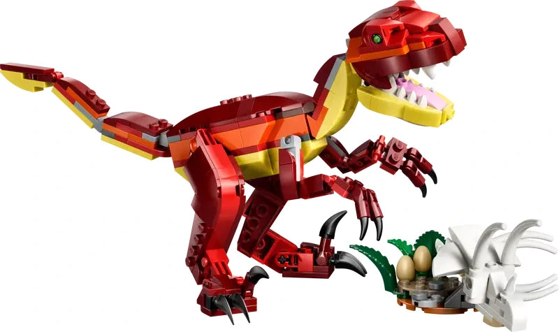 LEGO Creator 3 in 1 Fierce Dinosaur Velociraptor model shown on white background with dinosaur eggs and skull build