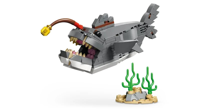 LEGO Creator 3 in 1 Fierce Shark with Treasure Chest anglerfish model shown on white background with display stand
