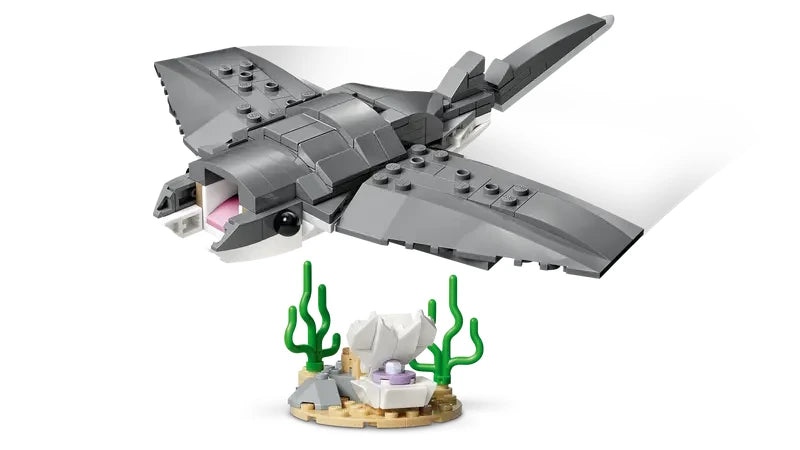 LEGO Creator 3 in 1 Fierce Shark with Treasure Chest manta ray model shown on white background with display stand