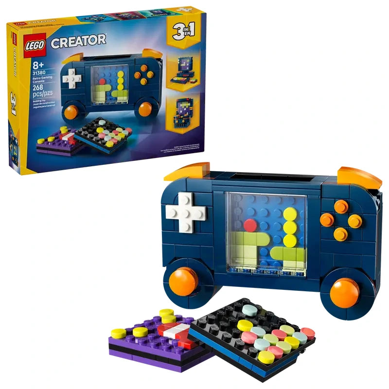 LEGO Creator 3 in 1 Retro Gaming Console retail box shown with handheld gaming console build on white background