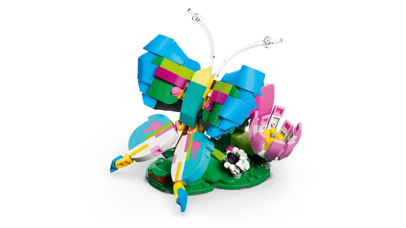 LEGO Creator 3 in 1 Wild Animals Colorful Hummingbird butterfly model shown on white background with flower stand