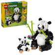 LEGO Creator Wild Animals Panda Family 31165 set with box and panda figures beside bamboo on white background