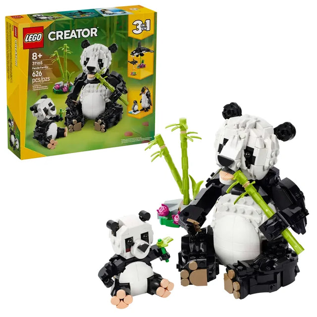 LEGO Creator Wild Animals Panda Family 31165 set with box and panda figures beside bamboo on white background