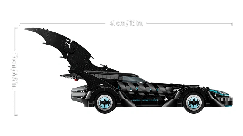 LEGO DC Batman Forever Batmobile 76304 side profile with raised fins and measurement graphic showing 41 cm length and 17 cm height