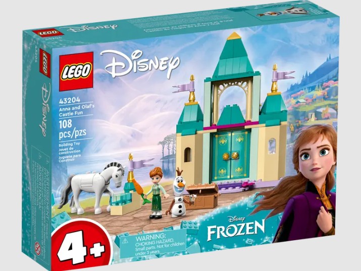LEGO Disney 43204 box front showing Anna, Olaf, castle, and horse