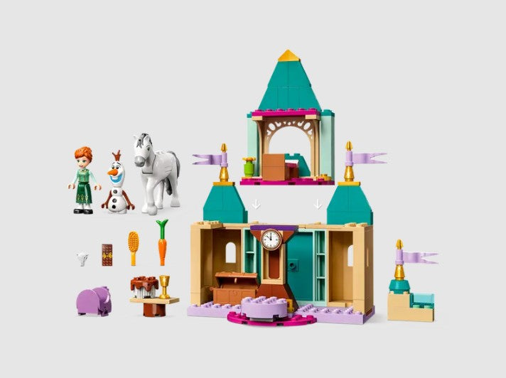 All LEGO Disney 43204 set contents including mini-dolls, castle sections, and accessories