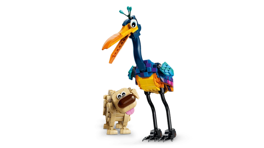 LEGO Disney Kevin and Dug standing together, showing Kevin's long blue neck, open orange beak and colourful wings beside Dug with his brown nose and pink tongue.