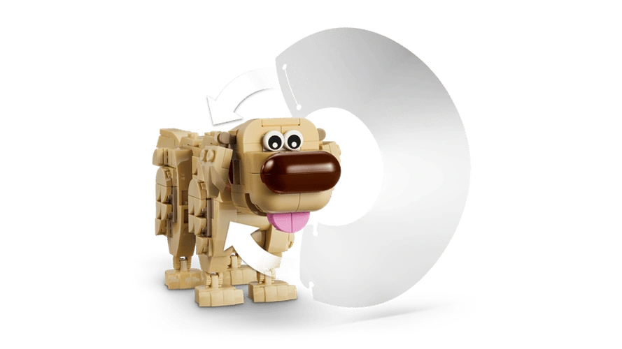 LEGO Disney Dug figure standing beside his detached white protective cone, with curved arrows illustrating how the cone fits around his neck.