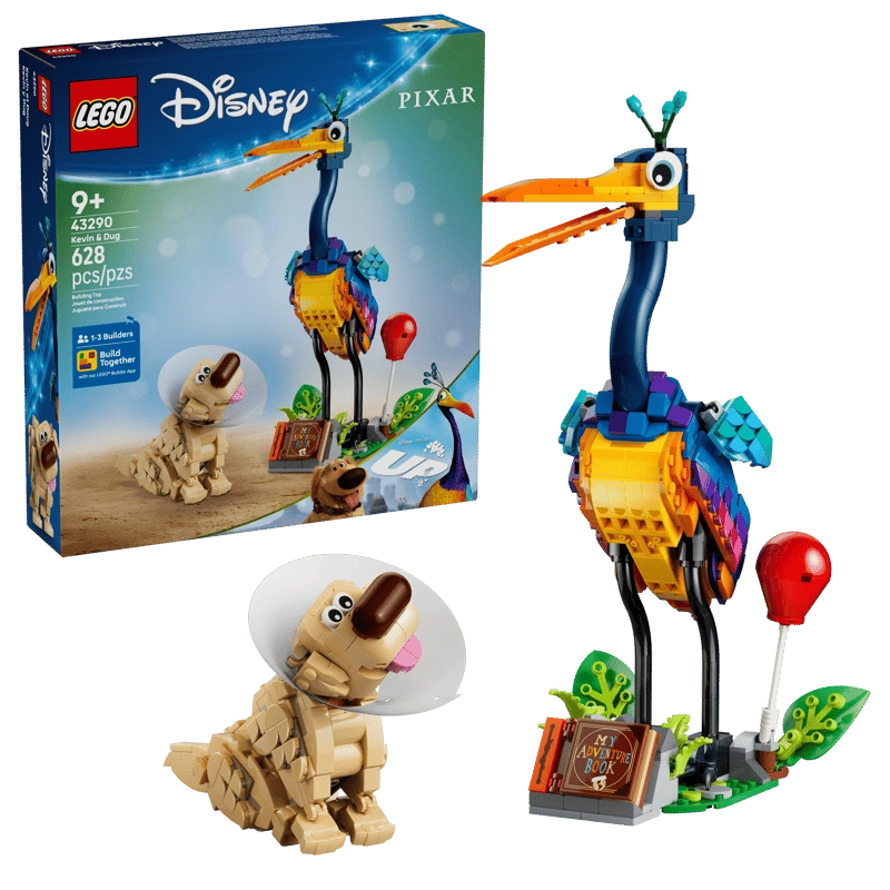 LEGO Disney Kevin & Dug 43290 retail packaging beside the completed Kevin and Dug figures, showing Kevin's colourful plumage, Dug wearing his white cone, a red balloon and My Adventure Book.