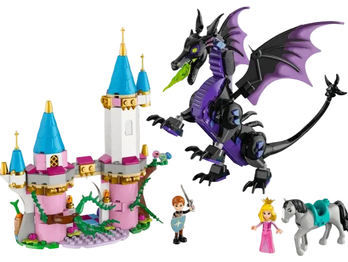 LEGO Disney 43240 Maleficent’s Dragon Form complete set with dragon, castle, and mini-dolls