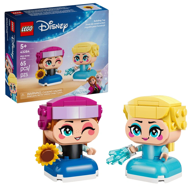 LEGO Disney Mini Anna & Elsa set showing both character figures with retail box, Anna holding a sunflower and Elsa holding an ice bolt, on a white background
