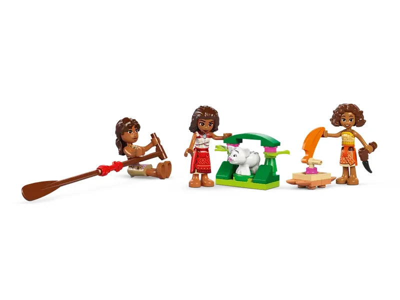 LEGO Disney Moana Loto and Moni mini dolls with Pua pig and canoe accessories displayed on white background