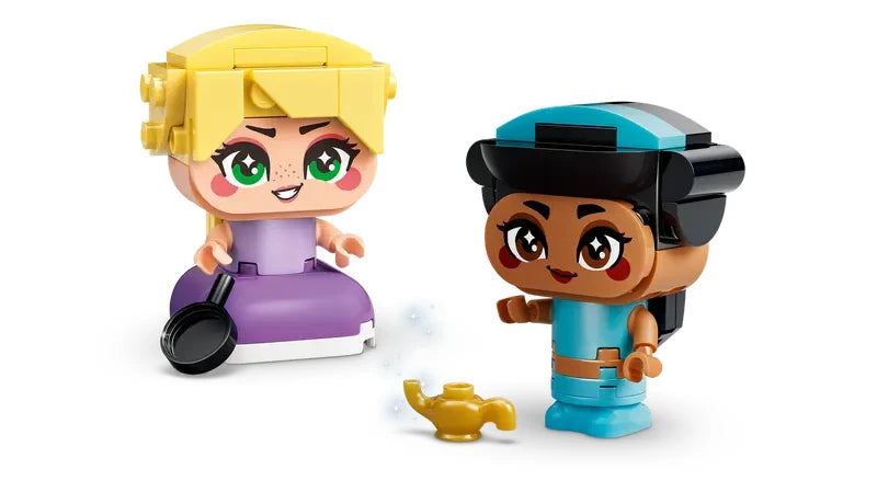 Front view of LEGO Disney Princess Mini Jasmine and Rapunzel character figures standing separately with their magic lamp placed in front