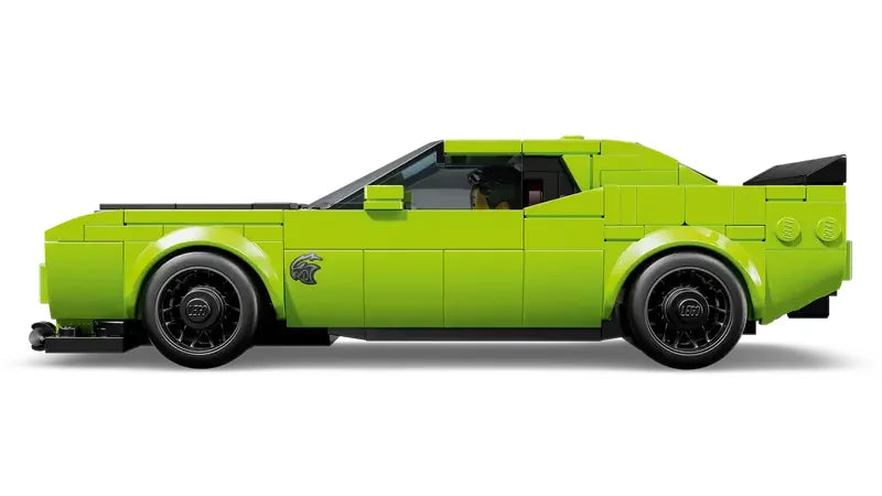 Side profile of bright green LEGO Dodge Challenger Hellcat on white – Ireland